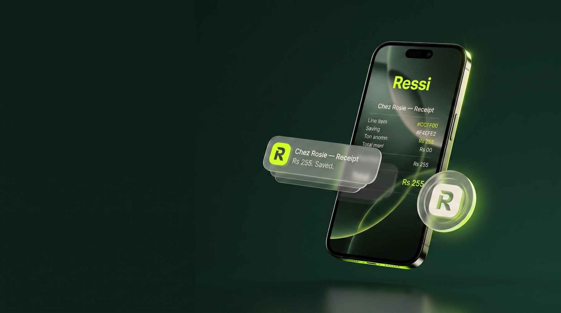 A phone showing a Ressi receipt with a WhatsApp message and a loyalty reward token